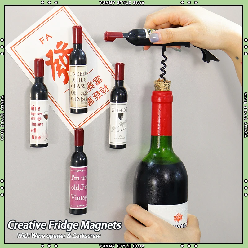 Mini Wine Bottle Shaped Fridge Magnet Multifunctional Corkscrew Wine Opener Beer Bottle Opener Home DIY Decor Creative Gift