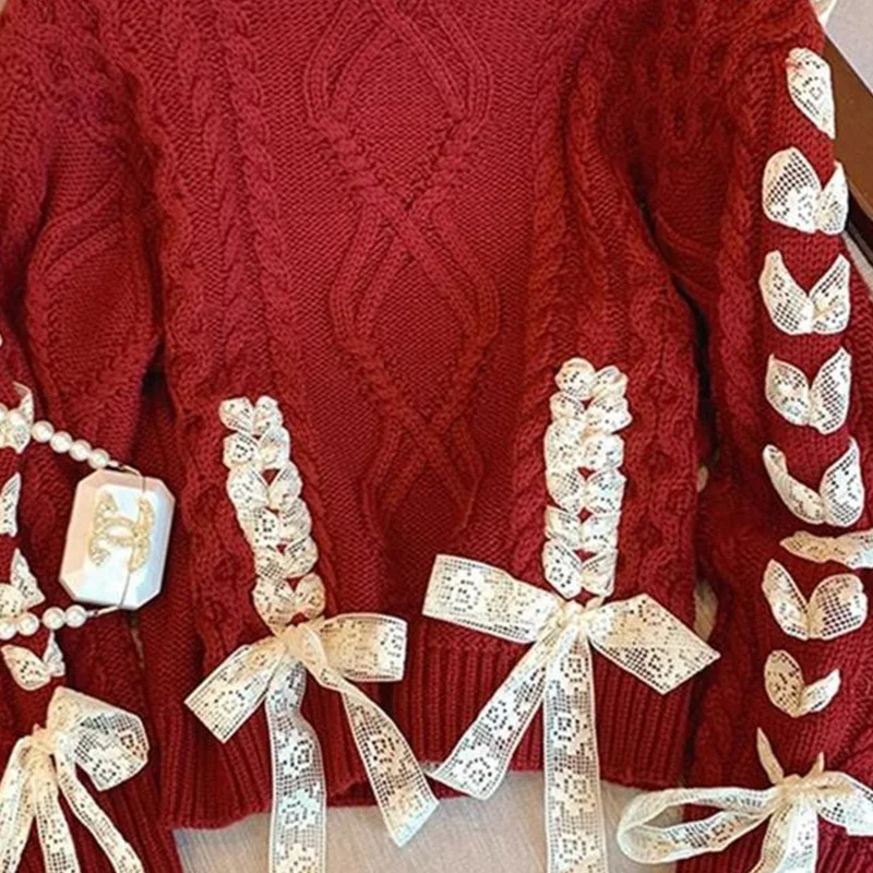 Autumn Winter New Christmas Red Knitting Sweater Women Clothes Fashion Patchwork Lacing Bow O-neck Long Sleeve Pullovers Femme