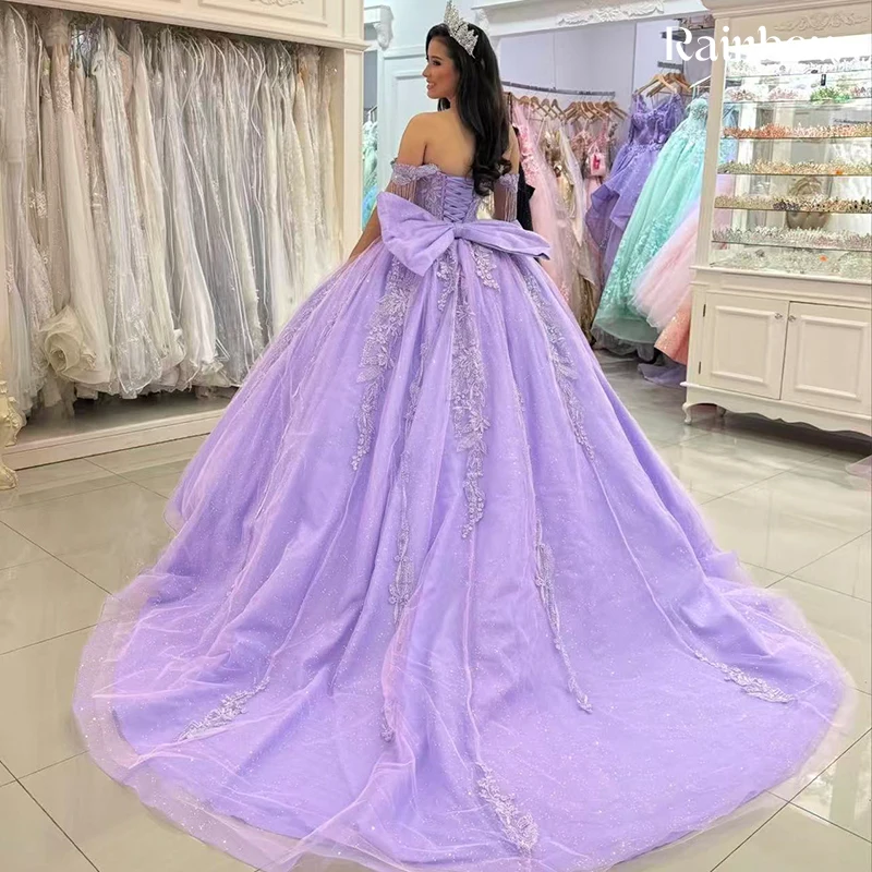 Fioletowa suknia Quinceañera z organzy z haftem i cekinami, księżniczka, suknia balowa, bez rękawów, dekolt łódka, szyta na miarę, suknie na studniówkę, kokarda