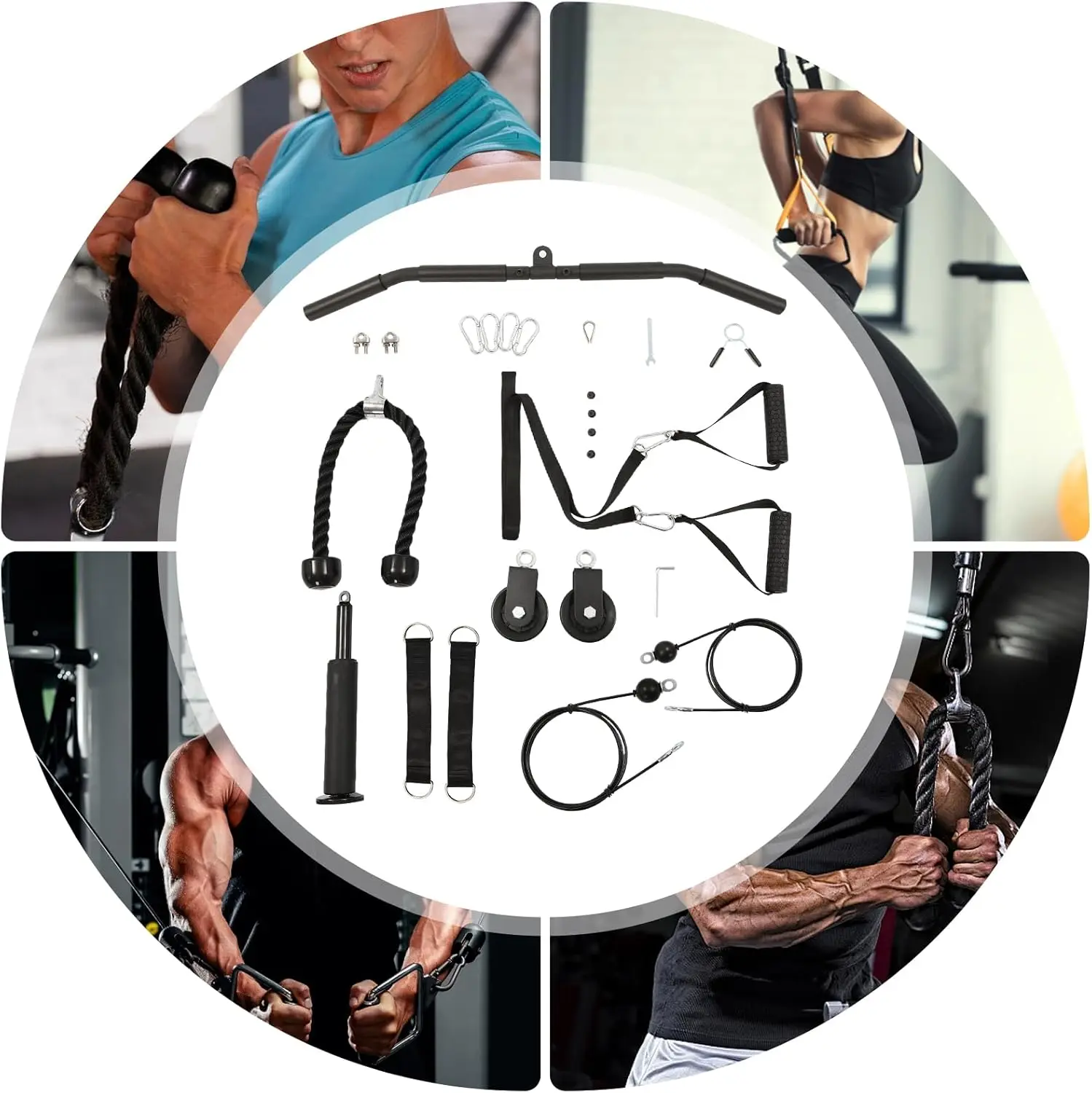 نظام بكرة الكابلات باللون الأسود شديد التحمل - سعة تحميل 264.55 رطلاً، بكرات نايلون صامتة ومقابض مضادة للانزلاق، تدريب متعدد العضلات #1