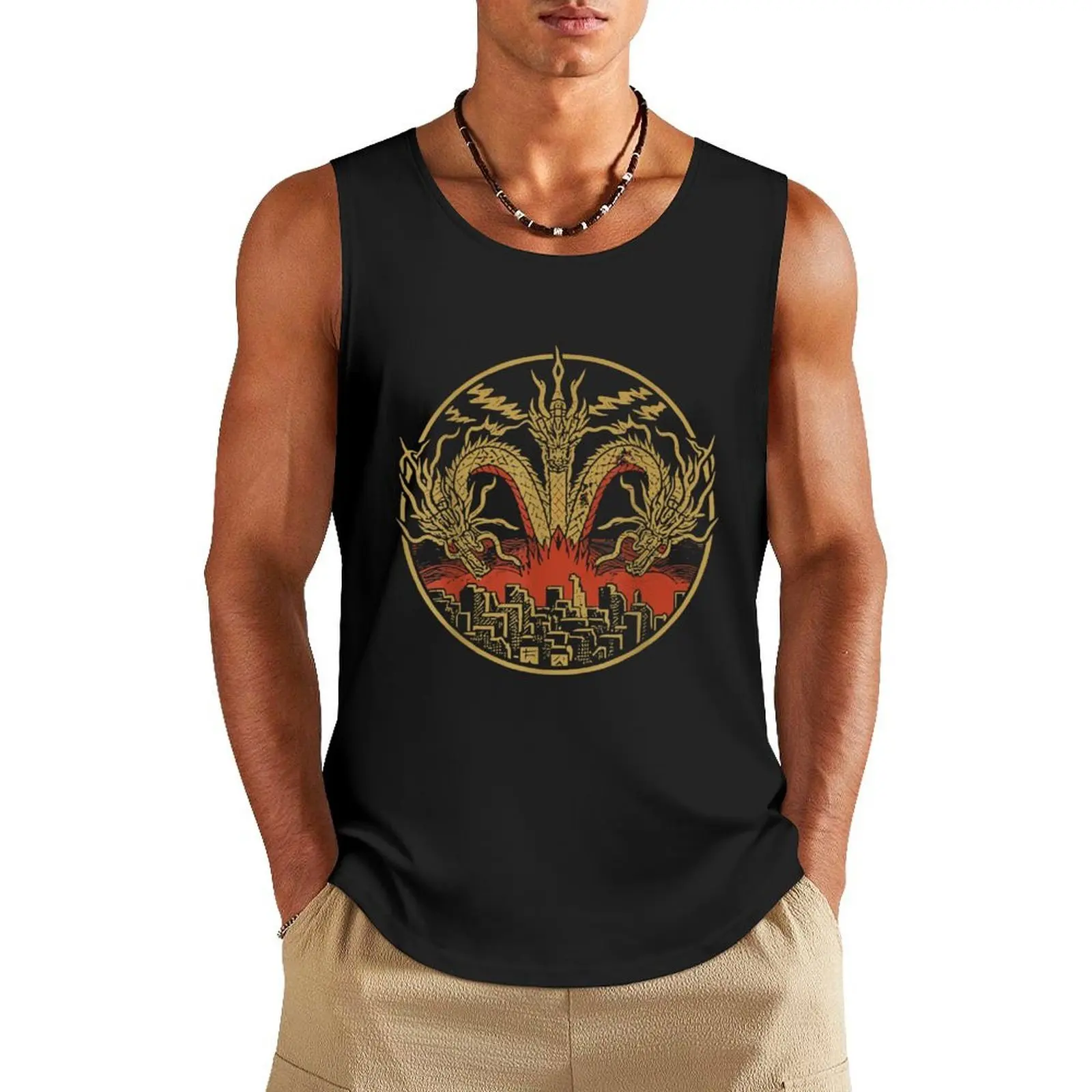 

Vintage Dragon King Ghidorah art sunset japanese Tank Top sleeveless Men's t-shirts Top Men's clothing brands