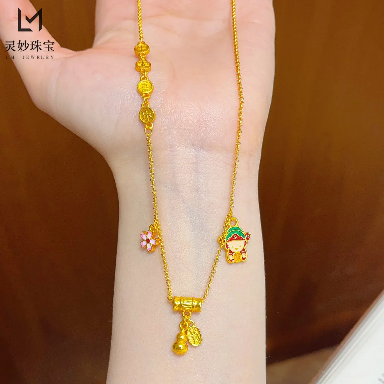 

Enamel Little God of Wealth Gourd Blessing Necklace Set For Women 24K Gold AU999, Classic festive style remains timeless