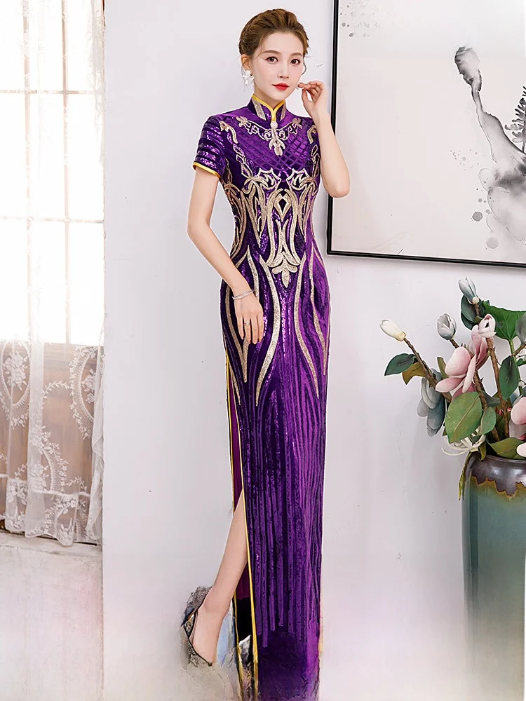 

Элегантное длинное облегающее платье для сценических выступлений в винтажном стиле, новинка 2025 года, молодежный дизайн, с высоким разрезом