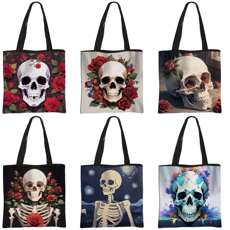 Skull Rose Reaper Shopping Bags Punk Skeleton Painting Tote Bag Colorful Fashion Skulls Flowers Reusable Portable Shopper Bag
