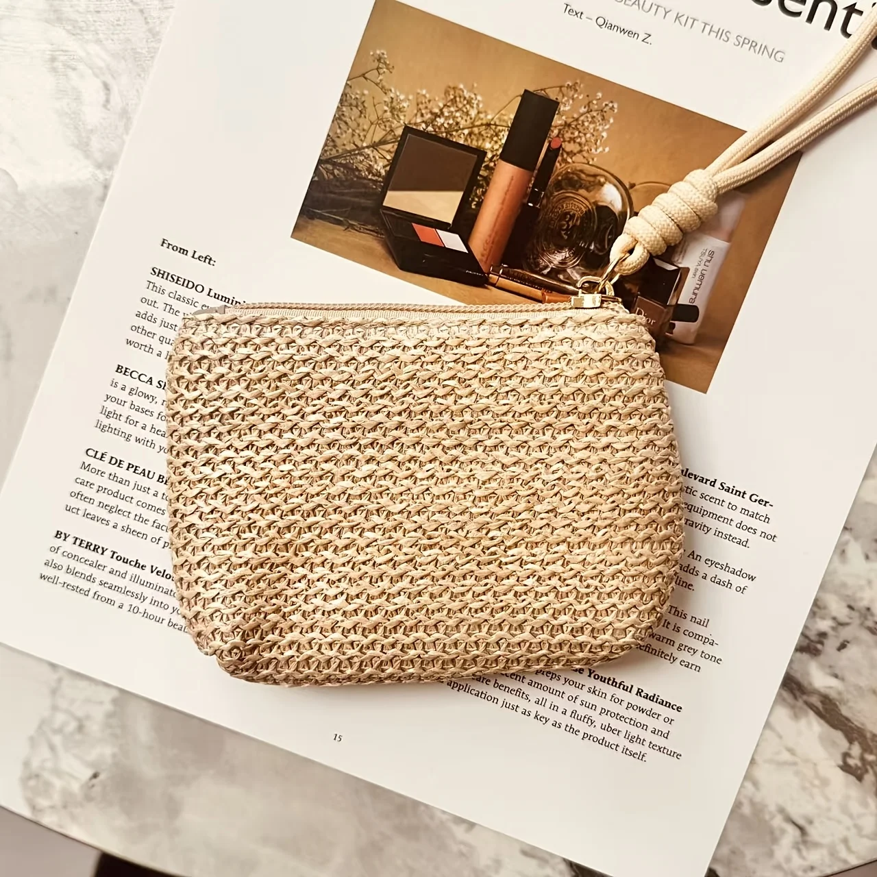 Summer Straw Key Coin Storage Purse,mini Zippered Card Holder,portable Wrist Bag Wallet Clutch Pouch,Beach Vacation Straw Bag view 4