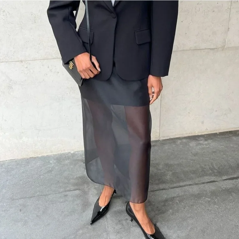 Tuularose Black Mesh Skirt Women's Sexy Perspective High Waist Slit Hip Cover Skirt Summer Fashion Casual Office Lady Skirt 2025