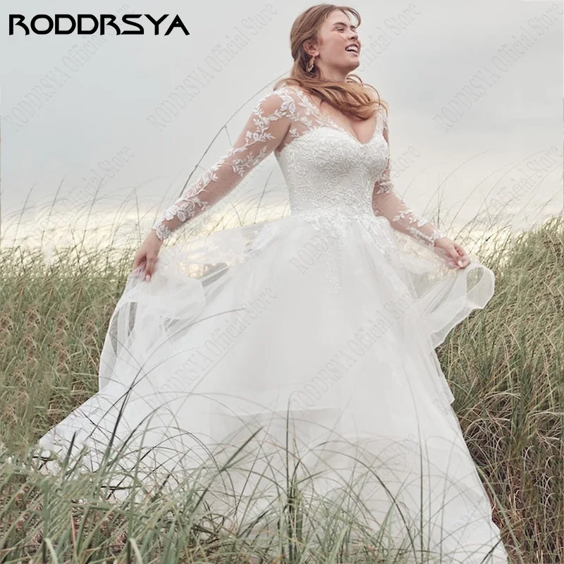 RODRSYA Plus Size Manica Lunga Abiti Da Sposa Per La Donna Beach Bride Pizzo VRODDRSYA Plus Size abiti da sposa a maniche lunghe per donna Beach Bride Lace con scollo a v robe de mariée Tulle a-line 2024 abiti da sposa