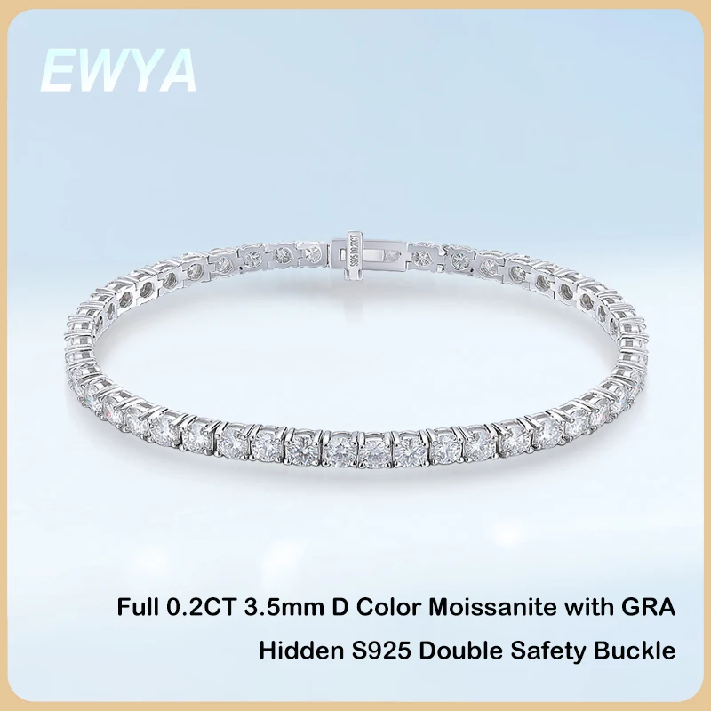 

EWYA GRA Certified 3.5mm 0.2CT D Color Moissanite Tennis Bracelet for Men Women 925 Silver Link Bracelets with Hidden Buckle