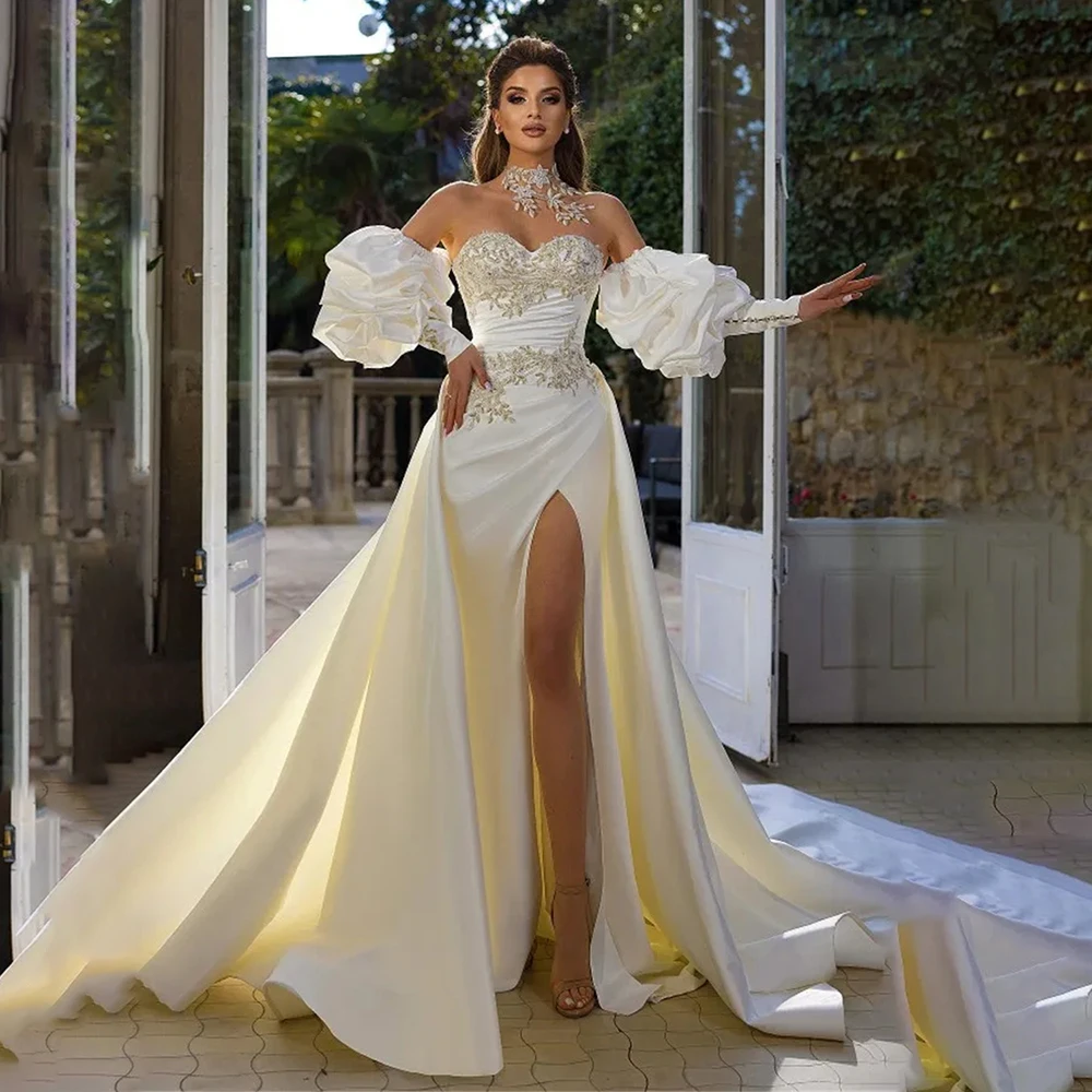 Custom Lace Appliques Long Sleeves Wedding Dress Pleated Ball Gown Vestido De Novia Bride Dress Gowns Vintage Marriage Vestidos
