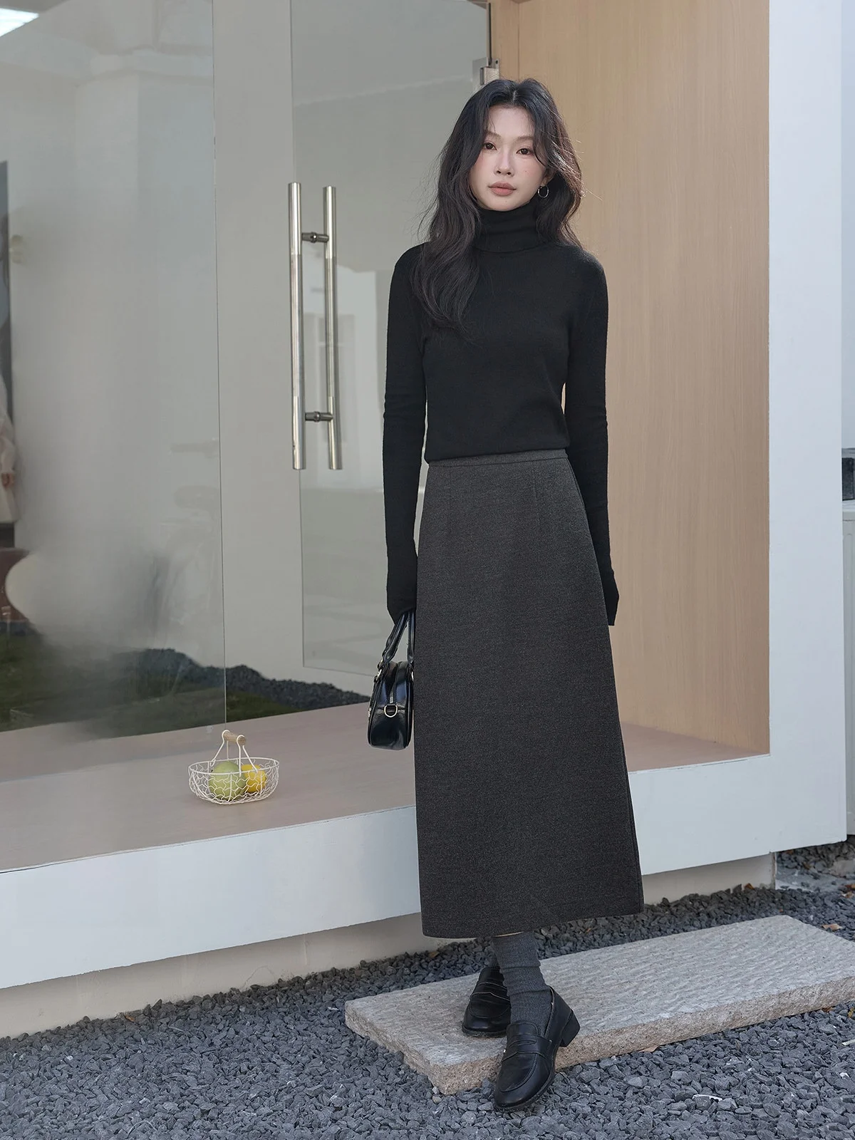 

HuiXi ey Woolen High Waist A-Line Skirt Women's Faion Spring New Sle Simple Slimming f-length Commute Korean Version