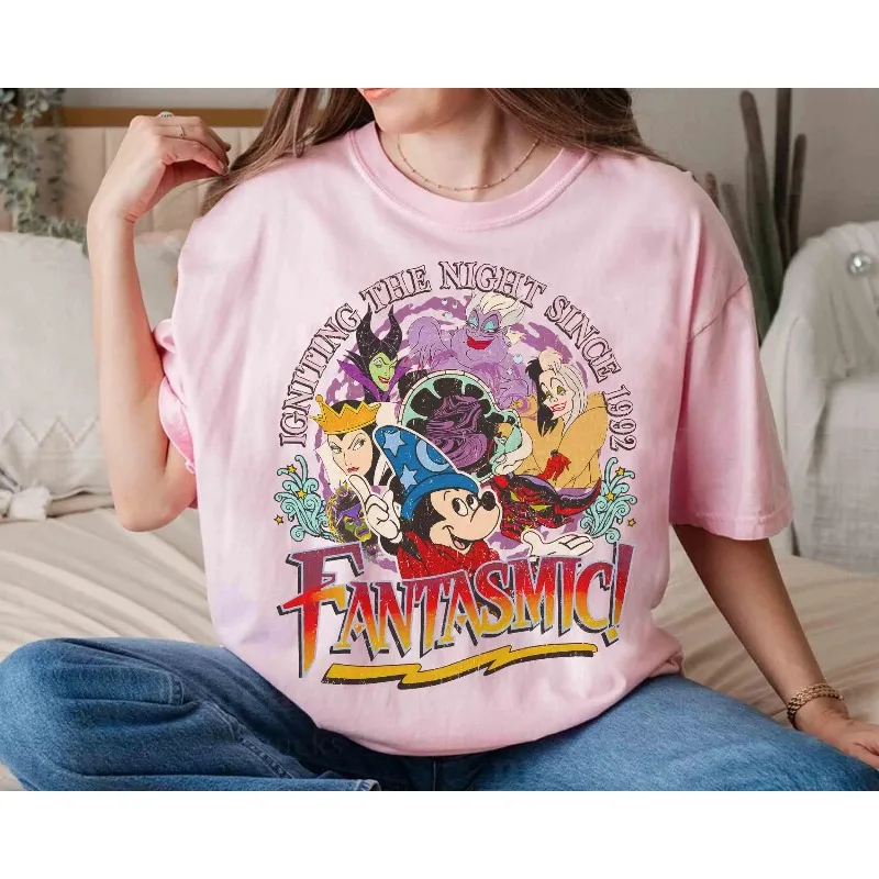 เสื้อยืดแขนสั้นลำลองทรงหลวมพิมพ์ลายมิกกี้แฟนตาซีและตัวร้ายจากดิสนีย์คุณภาพสูงสำหรับผู้หญิง