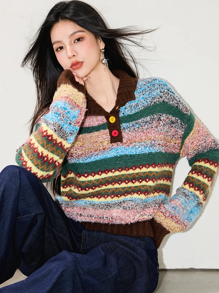 เสื้อสเวตเตอร์ผู้หญิงลายรุ้ง ฤดูใบไม้ร่วง ฤดูหนาว เสื้อไหมพรมคอปกพับติดกระดุม แขนยาว รุ่น SW015