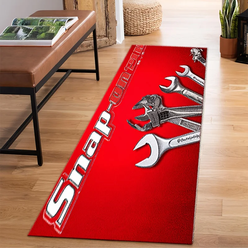 Solid Red Metal Spanner Wrench Tool Brand Logo Floor Runner Rug, washable mat for damp kitchen garage entry daily home decor