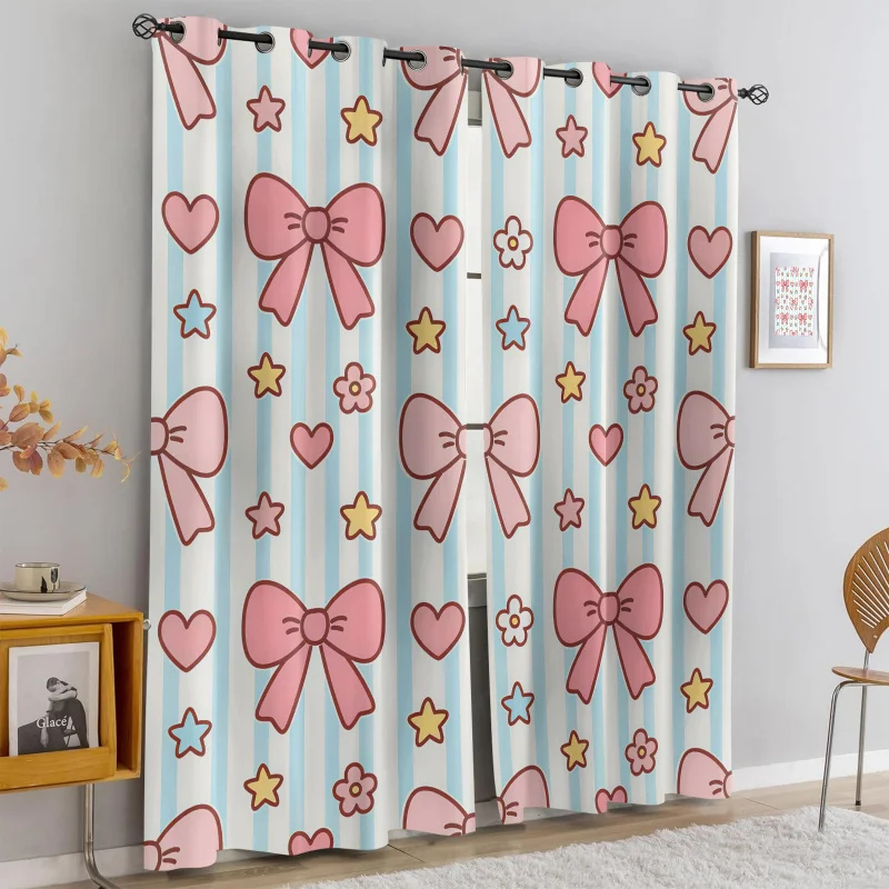 Striped Pink Bow Heart Star Print 2 Panels Curtains Printed Curtains Darkening Curtains Light Blocking Rate 85% Girly Decor