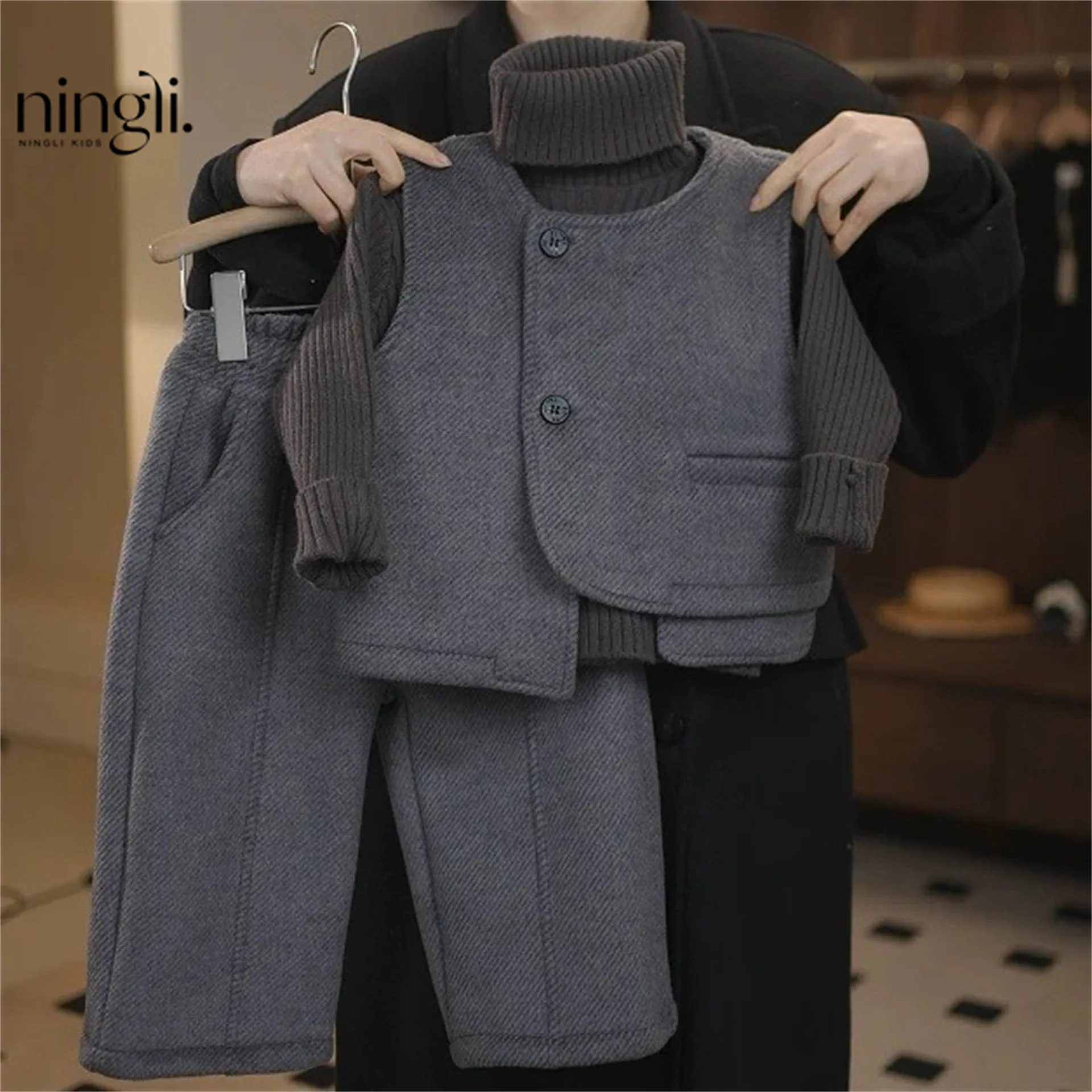 Children's Suit Winter Solid Color Casual Fashion Neutral Foreign Style Woolen Warm Thickened Suit Three-piece Set
