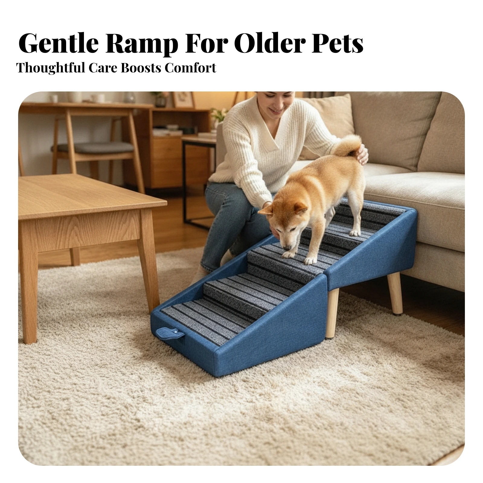 Household Aid Wood-Leg Pet Stairs Upholstered Pet Stair Padded Low-Impact Climbing Gentle Incline for Beside a Sofa