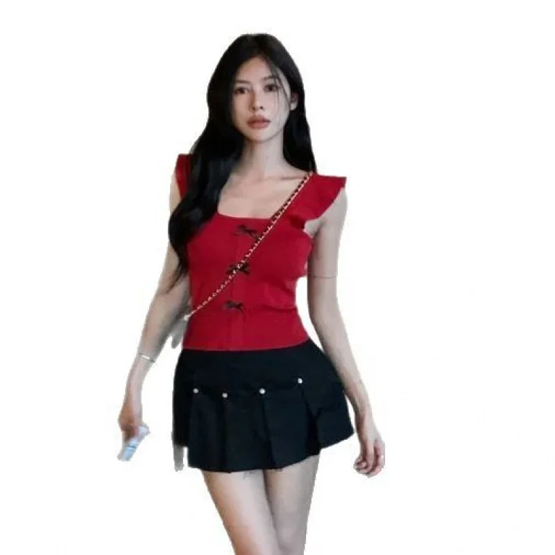 ホットガールノースリーブキャミソール夏韓国スタイル新デザインショートちょう結び純粋な欲望の女性のスリムフィットトップ