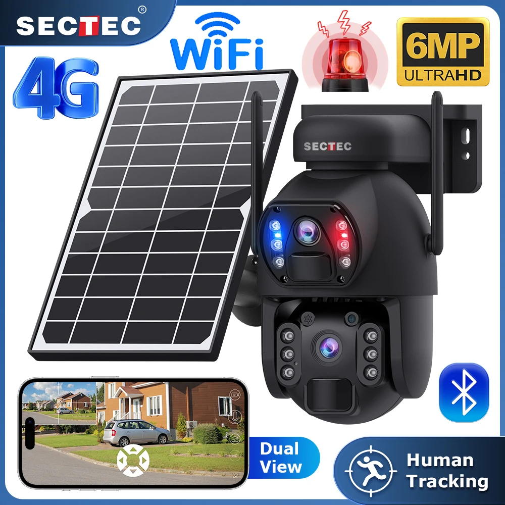 SECTEC Dual PIR Dual Lens Solar Battery PTZ Camera Wifi Surveillance Camera Security Camera 4G Solar Cameras