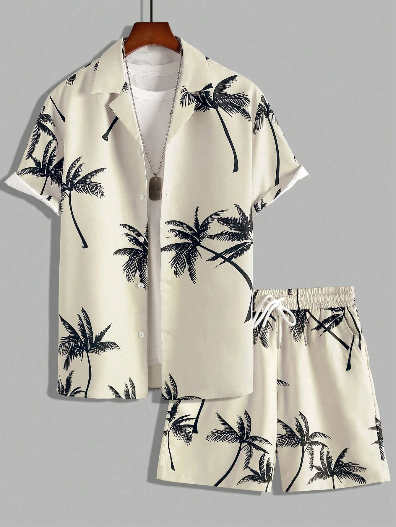 Summer Men\'s and Women\'s Short Sleeve Shirt Set Tropical Plant Palm Tree Print Fashion Lapel Button Top Shorts