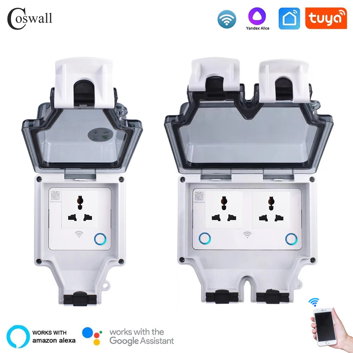 Coswall Tuya Wifi Voice Control IP66 Waterproof 13A Universal 3 Pin Socket Timer Switch Programmable Work With Alexa Google Home