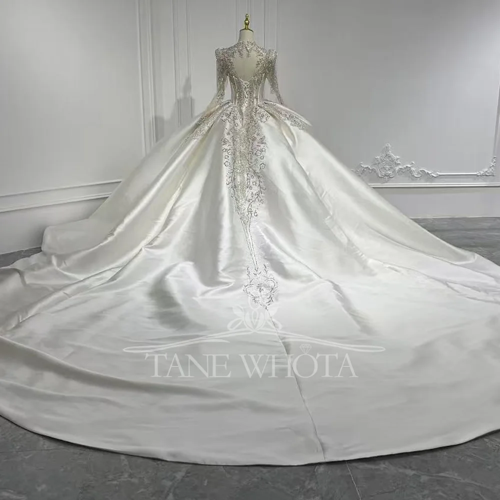 V-Neck Long Sleeve Wedding Dress With Lace-Up Keyhole Back Beaded Sequined Crystal Detail Customizable Gown