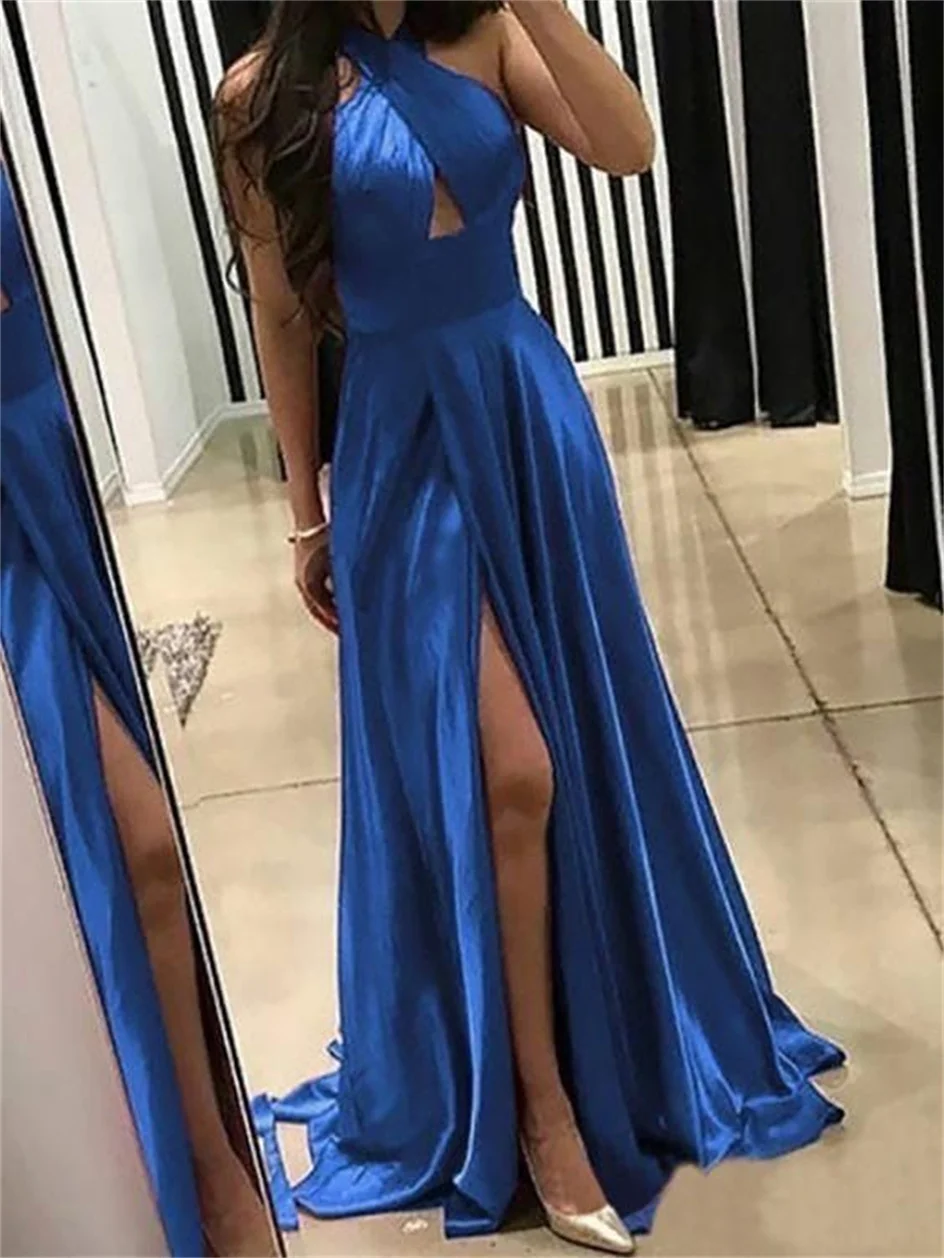 Shiyicey 2024 Elegant Simple Floor-length Halter Prom High Slit Long Ball Gowns Satin Sleevesless Formal Evening Party Dresses