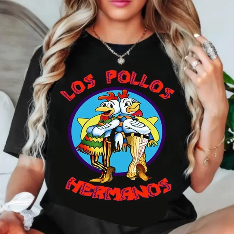 Summer Ladies High Quality 100% Cotton Printed T-Shirt Ragged LOS POLLOS Chicken Brothers Casual Trend Fashion Short Sleeves