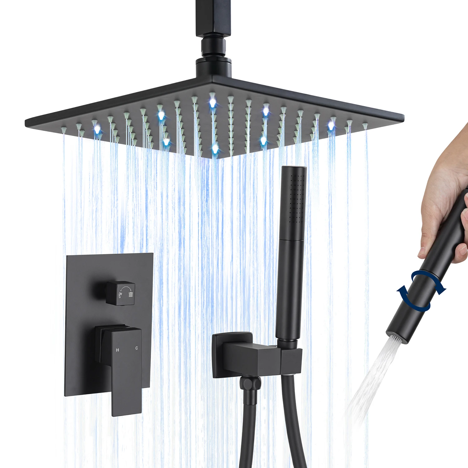 Matte Black LED Shower System Wall Mounted 10 Inches High Pressure Rainfall Shower Head with Dual Mode Bar Handheld Shower Head