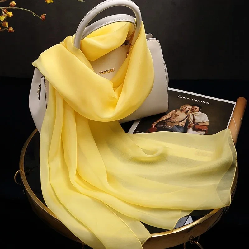 100% ผ้าพันคอผ้าไหมแท้ผู้หญิง Foulard Femme Lady ผ้าไหม Shawls Wraps สําหรับสุภาพสตรี Neckerchief ผ้าไหมชีฟองผ้าพันคอสีเหลือง