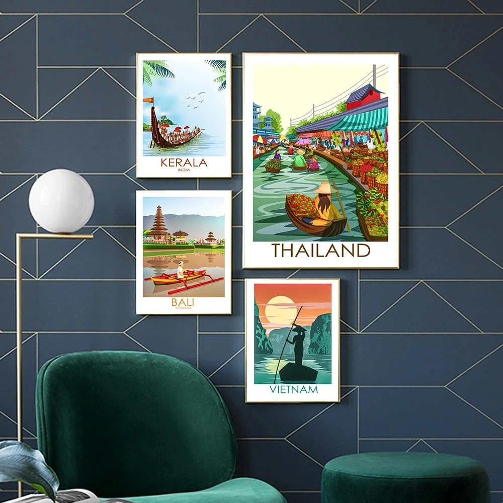 Póster artístico de lugares de viaje famosos del mundo nórdico, pintura en lienzo de Bali, Vietnam, Kerala, Tailandia, decoración del hogar, decoración para sala de estar