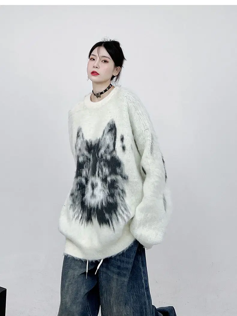 Harajuku Cat Sweater Y2K Hip Hop Knitted Fluffy Fuzzy Cat Jumper Streetwear 2023 Fashion Casual Loose Punk Goth Pullover