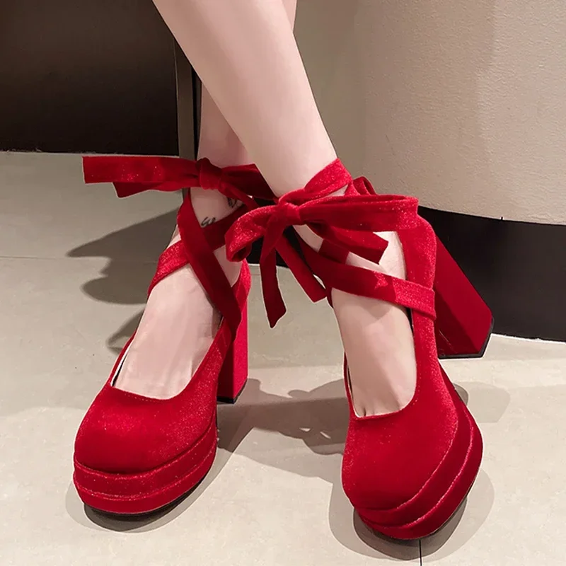 Suede Super High Heels Mary Jane Women Shoes Lolita Dress Sandals Chunky Shoes 2024 Summer Designer Pumps Zapatillas De Mujer