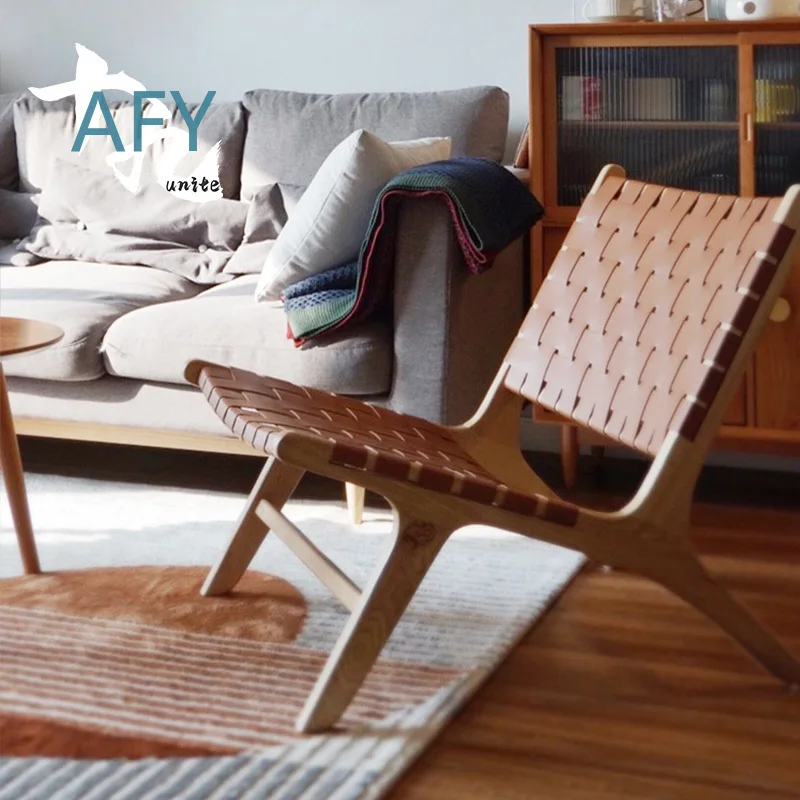 Nordic Minimalist Saddle Leather Woven Accent Chair for Living Room with Solid Wood Frame Modern Retro Lounge Armchair for