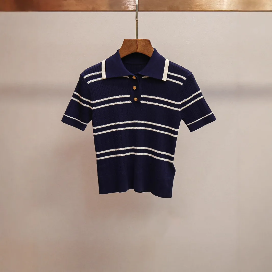 

Faionable Retro Striped Ne ort Knitted Top for Women by Nu Ele Summer New Sle Versatile Polyester Fiber