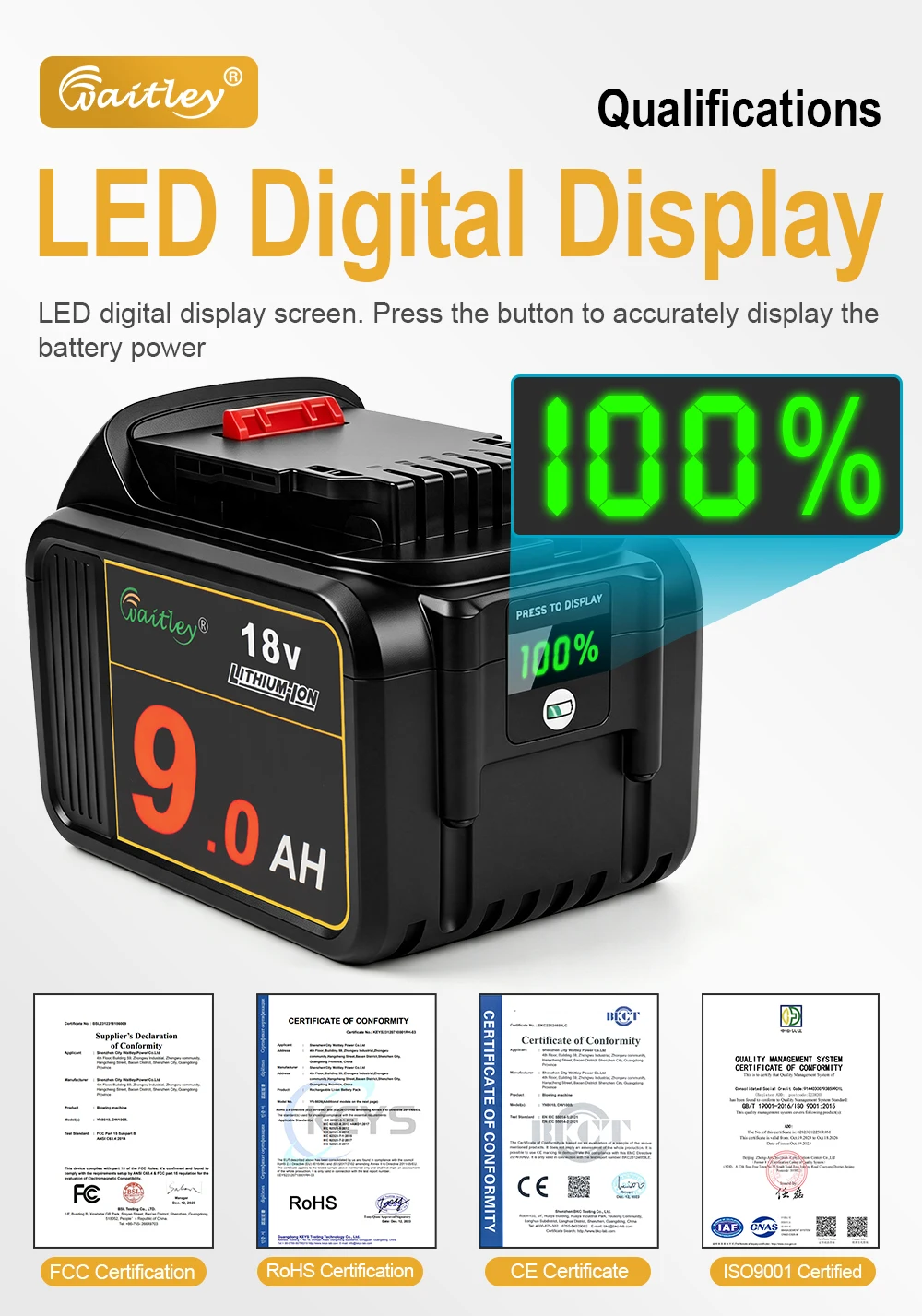 Waitley 9 Ah Akku kompatibel mit Dewalt 18 V Elektrowerkzeug-Bohrmaschine DCB184 181 201 200 20 V 18 V wiederaufladbare Lithium-Batterien – Detail 7