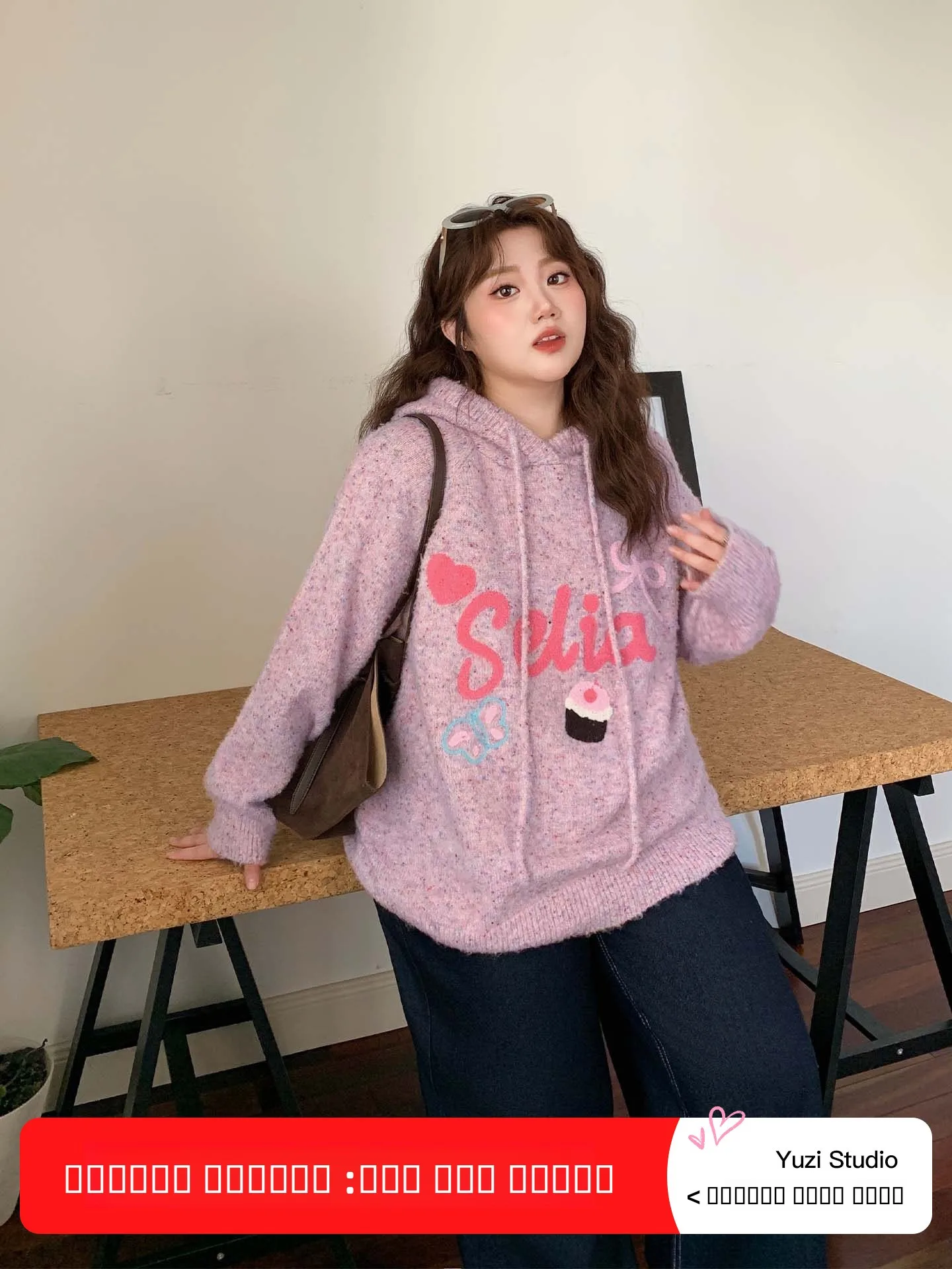 

Женский розовый свитер YUZI Fi Roe с капюшоном и кружевом, свободного кроя, с заниженной линией плеч, осенне-зимний, больших размеров, повседневный, милый, для полных женщин