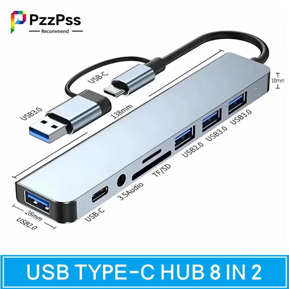 2 in 1 4/5/7/8 Port USB C Expander USB 3 Hub Type C Splitter Type C Dock Multiport Adapter USB Expander for Xiaomi Phone Tablet