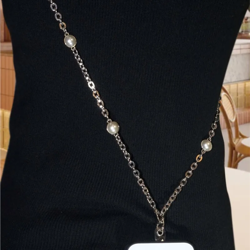 Long Crossbody Lanyard Sparkling Metal Pearl Handmade Beaded Chain Mobile Phone Lanyard Neck Strap Anti Loss Strap For iphone