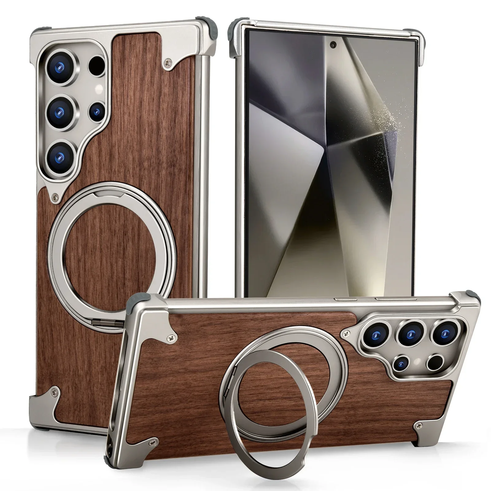 

Eary Solid Wood Phone Case for Samsung Galaxy S25 S24 Ultra With Magsafe 360° Rotation Kickstand Frameless Protective Shells