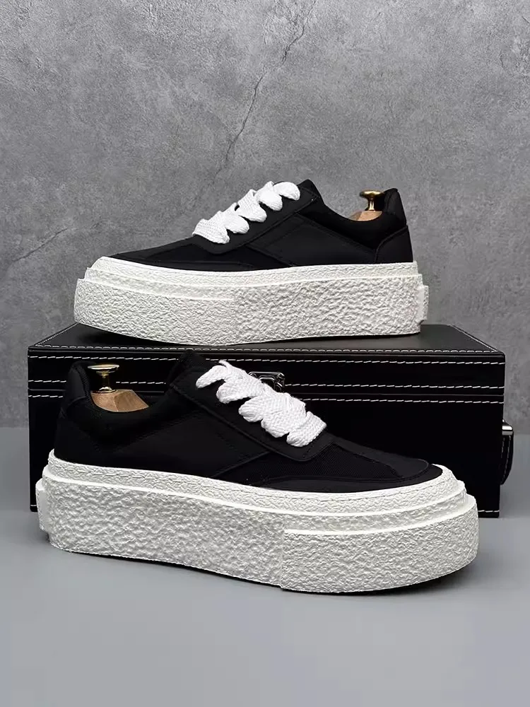 Mens Thick Platform Low Cut Lace Up Skateboard Shoes Casual Outside Sneakers Height Increasing Canvas Spliced Pu Leather Shoes