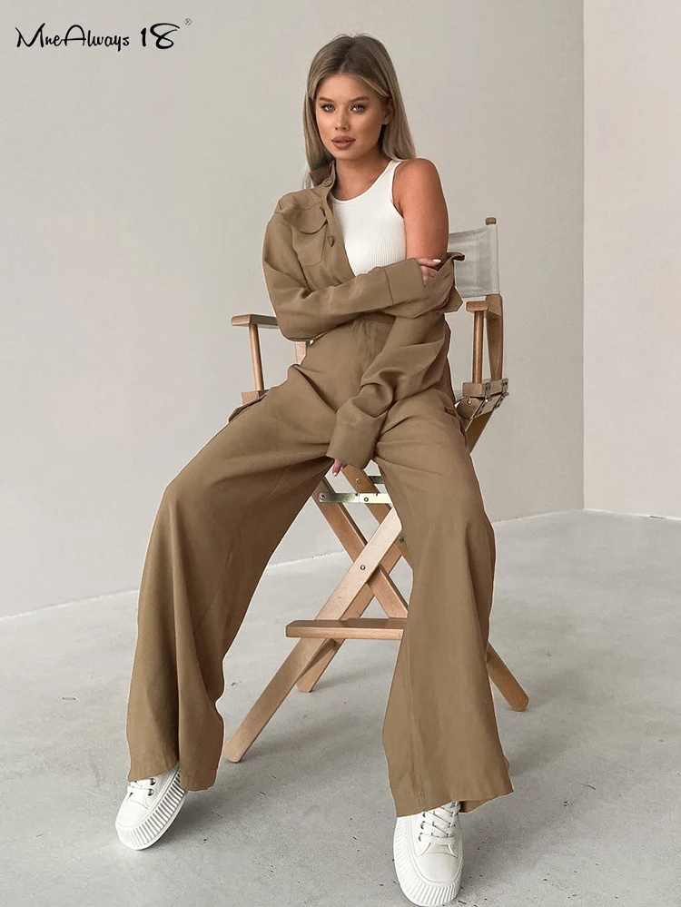 Mnealways18 Elegant Khaki Casual Rompers Long Sleeves With Wide Legs Pants One-Piece Ladies Office Ladies Pockets Jumpsuits 2024