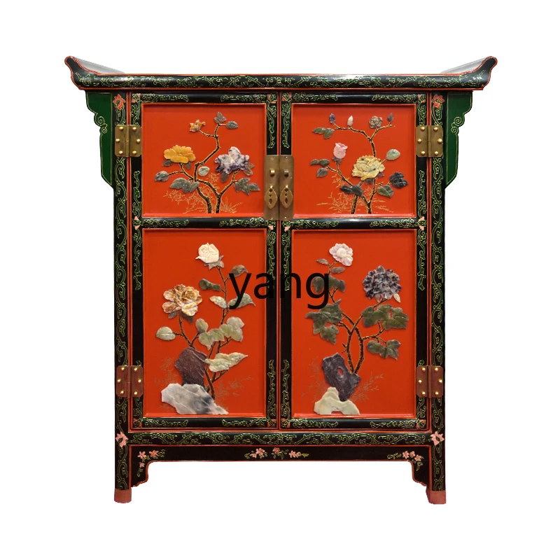 

ZL new Chinese-style carved jade inlaid small warped head cabinet integrated shelf against the wall for storage and storage