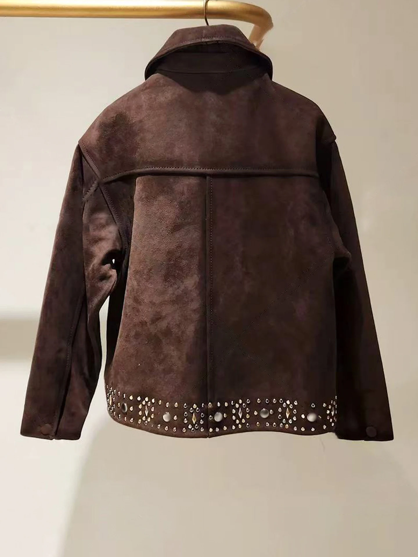 

S Home Nan You High End Women's Faion 2025 Autumn Retro Rhinestone Suede Collar Jaet Outerwear Women's Commute Sle Stan...