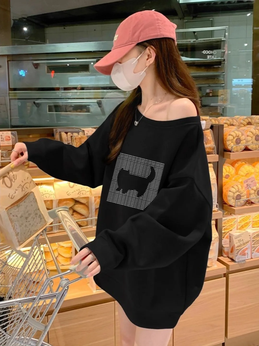 

Loose Long Sve Sweatirt Women's Letter Print Diagonal Collar Lazy Feel Top Korean Sle Commute Faion Autumn Wear