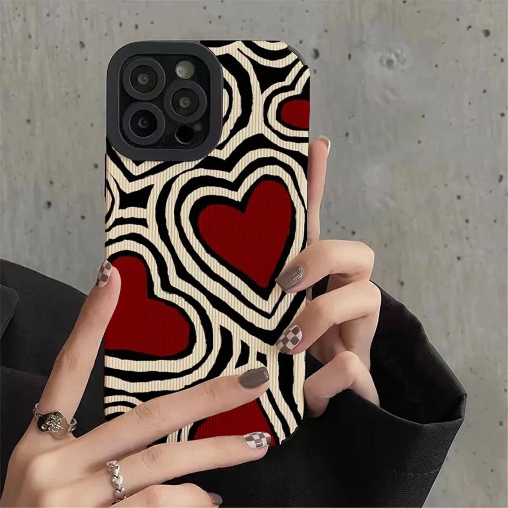 Coque de téléphone coeurs d\'amour romantiques pour iPhone, coque arrière rayée en poly silicone souple, mode, 13, 16, 14, 15, Pro, Max, Plus, 11,