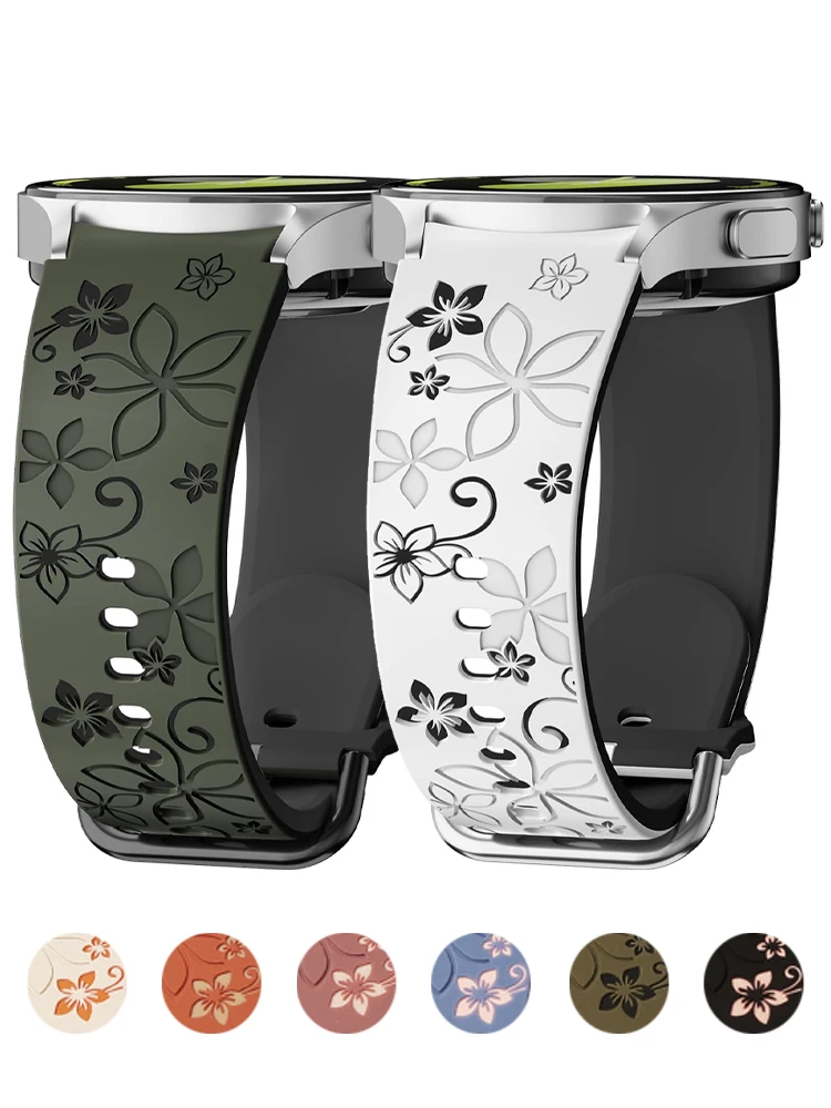 2 Pcs Bands for Samsung Galaxy Watch 7/5 Pro/4 6 Classic 40 44mm Engraved flower Silicone Bracelet correa Galaxy Watch 7 Straps