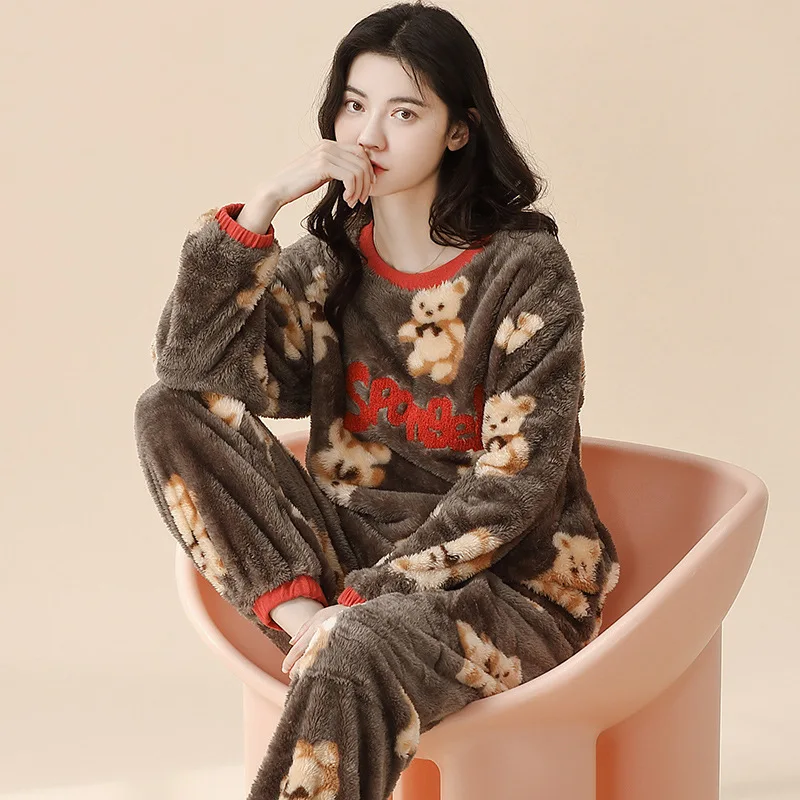 

Original Winter Plush Womens Pajama Sets Cartoon Pjs Printed Sleepwear Velvet Homewear Kawaii Girl Pijamas Mujer Pyjama Dropship