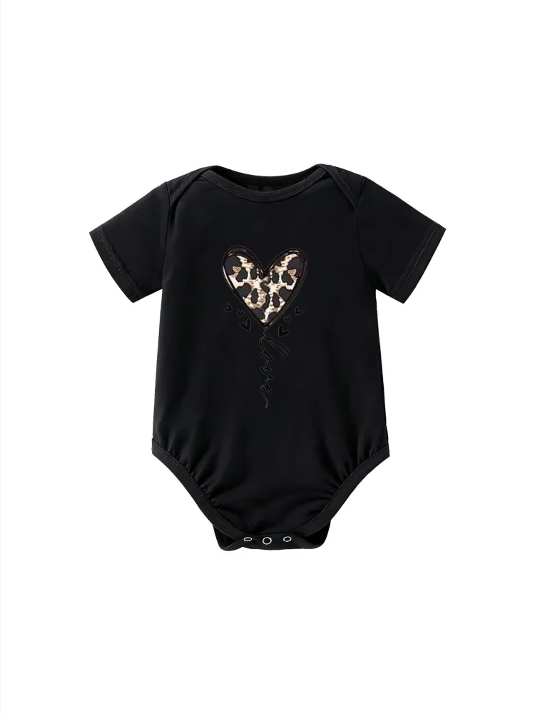 

​Baby Bodysuit Short Sleeve Leopard Print Heart Shape with Love Text for Newborn Boys and Girls Sentimental Theme Casual Wear​
