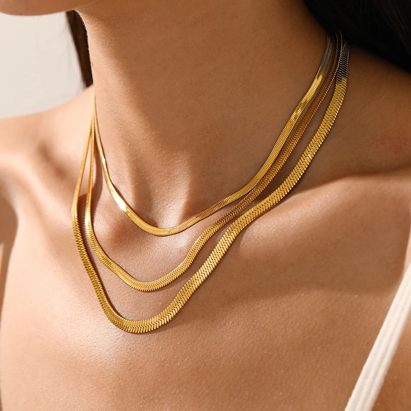 Hot Classic Unisex Flat Snake Chain Choker Necklace For Women Stainless Steel Herringbone Gold Silver Color Fashion Jewelry Gift image 3