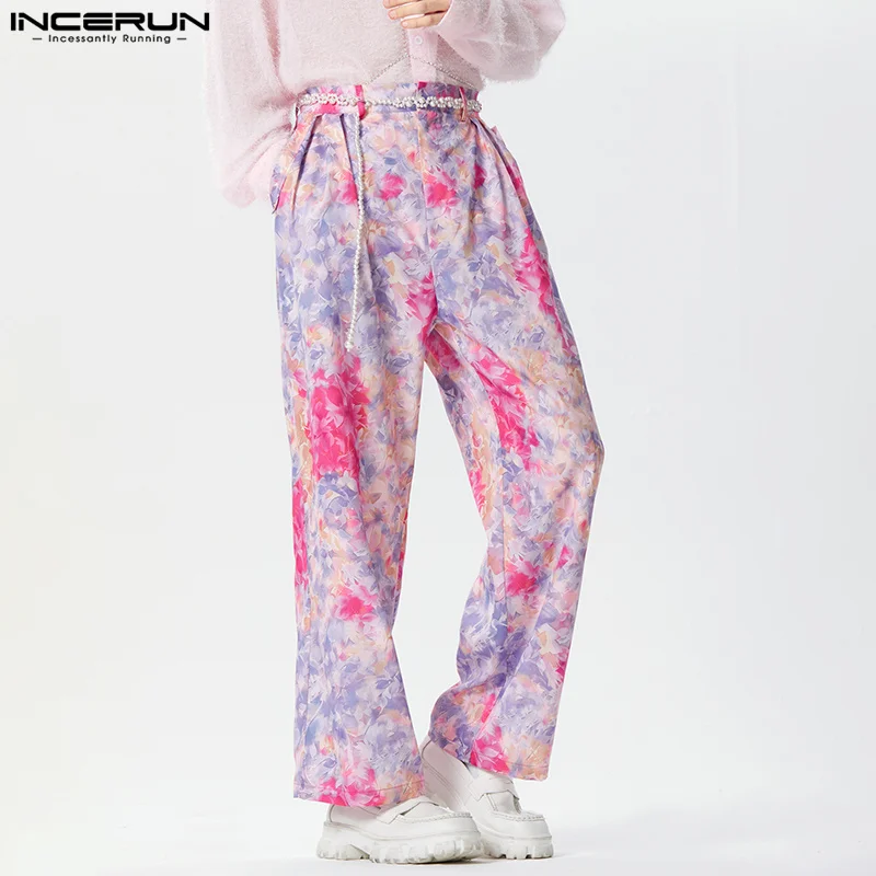 2024 Men's Straight Pants Flower Printing Button Joggers Korean Casual Trousers Men Streetwear Loose Fashion Pants S-5XL INCERUN